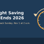 Clock with a fall-back arrow and the text Daylight Saving Time Ends 2026