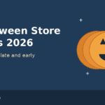 Illustrated jack-o-lantern pumpkin with a store clock icon and the title Halloween Store Hours 2026: Who opens late and early