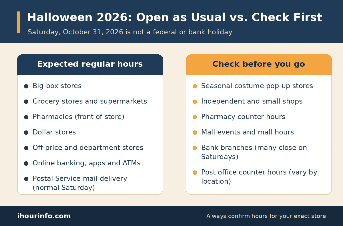 Infographic comparing businesses expected to keep regular hours on Halloween 2026, such as big-box, grocery, pharmacy, dollar and off-price stores, with places to check first, such as costume pop-ups, small shops, pharmacy counters and bank branches