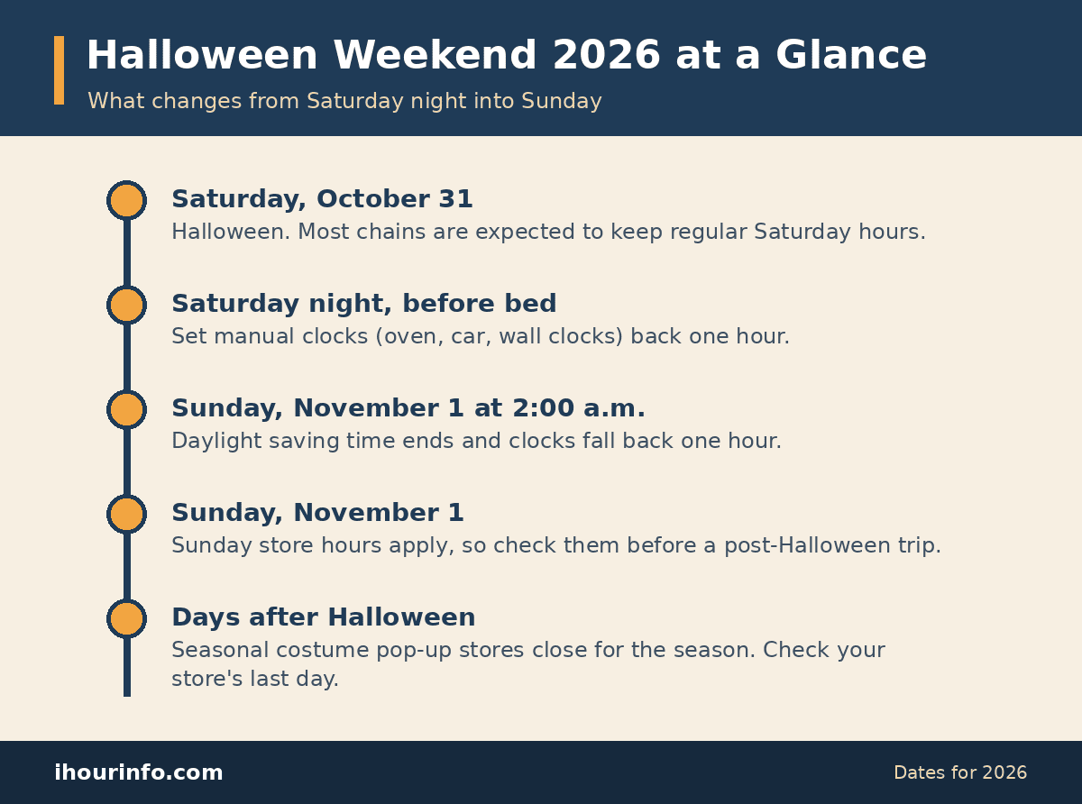 Timeline of Halloween weekend 2026: Halloween on Saturday, October 31, setting manual clocks back that night, daylight saving time ending at 2:00 a.m. on Sunday, November 1, Sunday store hours, and costume pop-ups closing in the days after