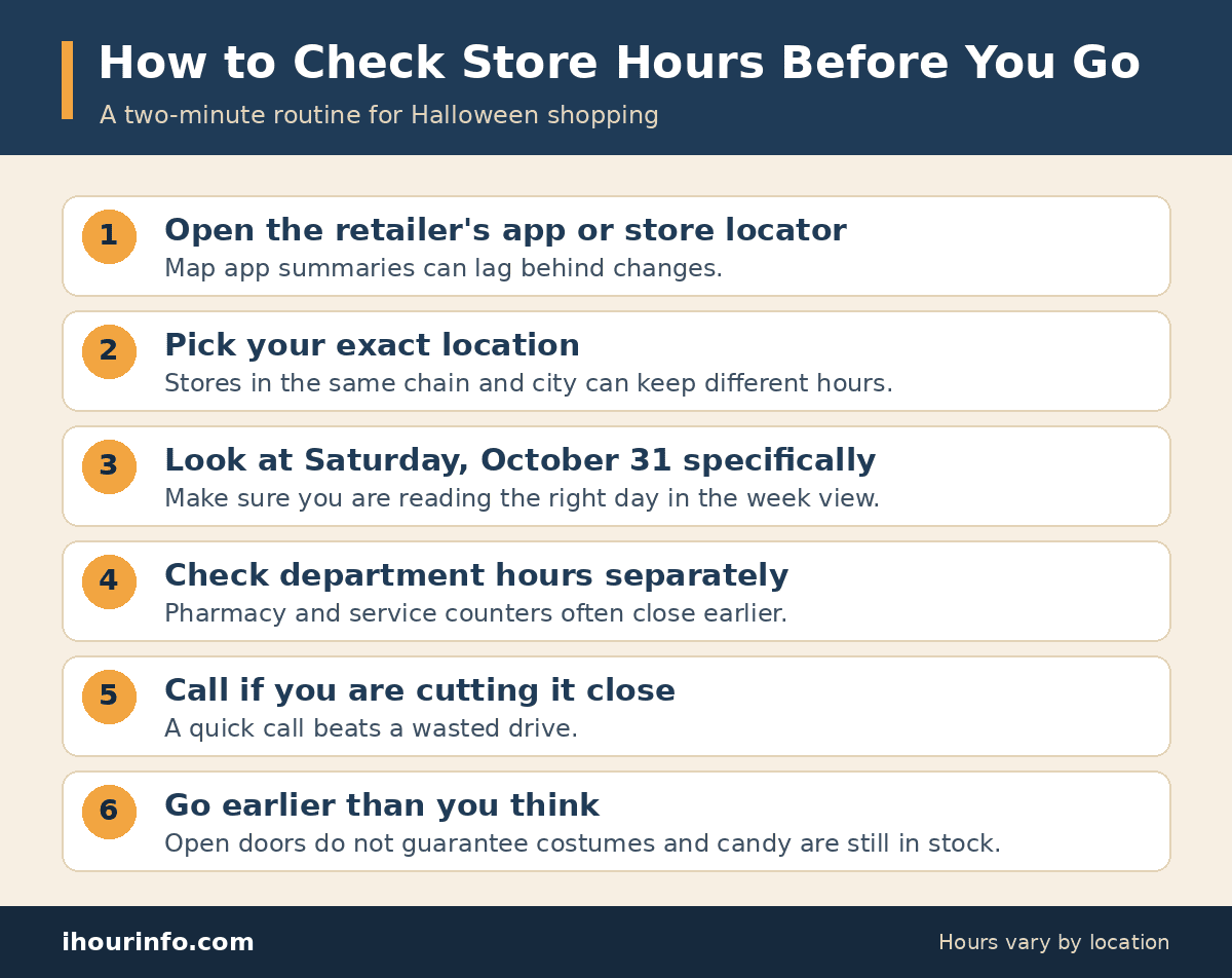 Six-step checklist for checking store hours before Halloween shopping: use the retailer's app or store locator, pick your exact store, check October 31, check department hours, call if cutting it close, and go early