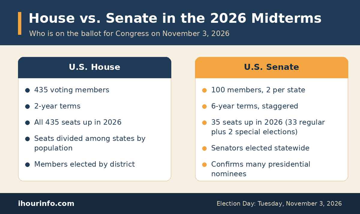 Infographic comparing the U.S. House and Senate in the 2026 midterms: 435 House seats with 2-year terms all up for election, and 100 Senate seats with 6-year staggered terms, 35 of them up in 2026