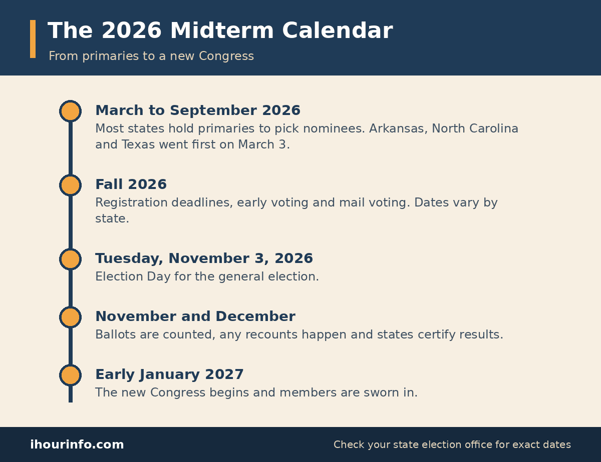Timeline of the 2026 midterm calendar: state primaries from March to September, registration and early voting in the fall, Election Day on Tuesday, November 3, counting and certification in November and December, and the new Congress in early January 2027