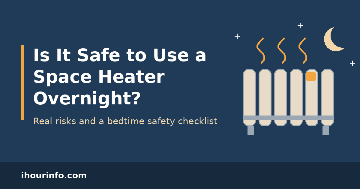 Illustrated space heater beside a crescent moon and the text Is It Safe to Use a Space Heater Overnight